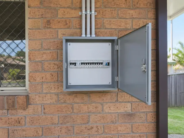 Open electrical switchboard on an exterior brick wall beside a window in Robina